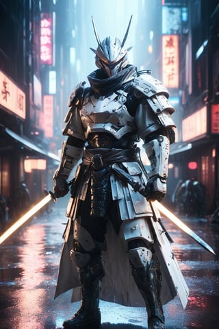 hyperrealistic, best quality, masterpiece, analog film photo, studio lighting, a majestic samurai in shiny white cyberpunk techwear samurai armor, bladerunner city street background with relfections in puddles, highly detailed, hyper-realistic masterpiece, dramatic cinematic lighting, 