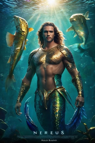 hyperrealistic, a masterpiece movie poster. Beneath the surface of a crystal-clear lake, Nereus, a regal merman warlord, commands his aquatic legions with grace and ferocity. The refracted, shimmering light of the sun dances across his iridescent scales, revealing the intricate patterns and subtle color variations that adorn his powerful form.