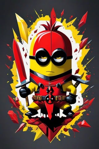 A whimsical artwork. A amesmerizing fusion of Minion and Deadpool, is depicted with an elongated face adorned with bold, geometric shapes and a vibrant color palette of red, yellow, white. Wielding a Big Chief knife with a sinister, reflective blade that reads "DEADTH" the subject exudes danger and unease. 3D comical caricature