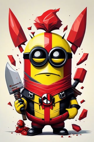 A whimsical artwork. A amesmerizing fusion of Minion and Deadpool, is depicted with an elongated face adorned with bold, geometric shapes and a vibrant color palette of red, yellow, white. Wielding a Big Chief knife with a sinister, reflective blade that reads "DEADTH" the subject exudes danger and unease. 3D comical caricature