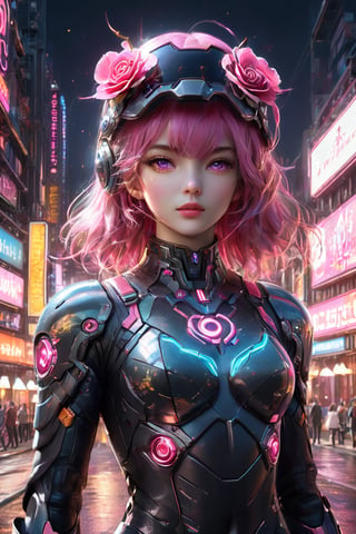 ((masterpiece)), ((best quality)), (((photo Realistic))), (portrait photo), (8k, RAW photo, best quality, masterpiece:1.2), (realistic, photo-realistic:1.3),A captivating cyberpunk-inspired manga illustration targeted at girls, featuring a cute, pink-haired protagonist. She is dressed in a trendy, futuristic outfit with a rose-tinted helmet and adorned with neon heart-shaped accessories. The protagonist holds a milkshake, with its vibrant colors and toppings reflecting the neon theme. The background is a bustling cityscape with towering buildings, holographic advertisements, and a futuristic pink neon sign.,glitter,Fire Angel Mecha,Mecha