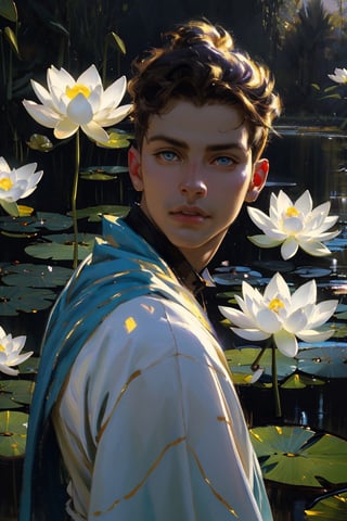 Egypt, egyptian, Solo boy, 18 years old, young boy, 1boy, brown skin, wearing blue combination white cloth clothes, golden powder flying in the air, long purple gown, looking at the viewer, wide open eyes, portrait, bluish eyes, solo, in the royal garden with multiple white tall lotus flowers bloomming, spiritual, foggy, mystical, shimmering,masterpiece, character focus, depth focus, best quality, high_resolution, glitters, shiny particles