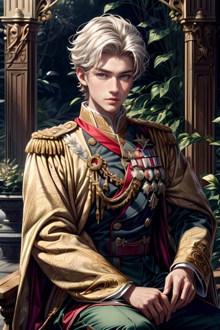 Solo young boy white hair, ancient prince, European Prince, the heir, the combination face of male royalty bloodline, (((ornate oak leaf gold embroidered strand fabric uniform))), (((botanical straight line pattern on front clothes))), "golden botanical pattern on royalty cloak", royalty symbols detailed, a handsome young boy, (((prince wearing detailed detailed royalty pattern botanical symbols))), (((royalty star-crossed medals))), (((royalty crossed medals))), royalty combination white military suit, (("and golden botanical embroidery detailed on uniform")), with the order of royalty house, with honorable medals, British honorable medals, red strand crossed over the shirt from shoulder to hip, muscle body, "brown eyes, beautiful white hair style", portrait photography, at royal garden tree, in royal garden with magnificent detailed, sitting on the well carving wood chair, depth focus portrait detailed, high quality, taken by Canon 6D Mark VII, color refined by Adobe Lightroom, vintage color enhanced, soften light created, shimmering light, dreamy, dreamy effect, old-money effected, high detail, 1 handsome young man real human skin, vivid details, (realistic, photorealistic: 1.37), a photorealistic of male model, Thick eyebrows, beautiful and thick lips, blue eyes, fantasy royalty emblems, (((super_detail_face))),1boy,nodf_lora,Npzw