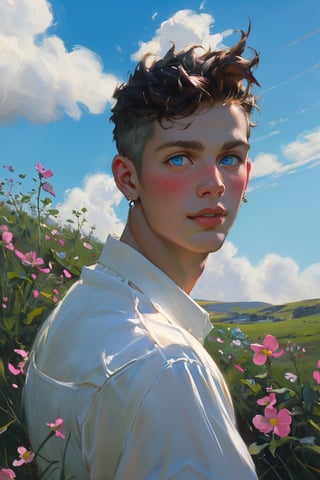 solo young boy, short hair, 1boy, cute boy, teenager boy, Greek boy, looking around, blue_eyes, white collared shirt, portrait, male focus, upper_body, sky, cloud, wild flowers field blooming, blushing, dreamy, dreamer, shimmering, depth focus information, pearl earrings