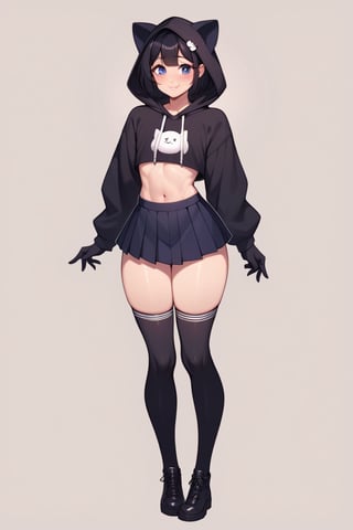 1boy, male focus, male, femboy, solo male, effeminate, feminine_male, cute, girly face, cute face, sexy body, hourglass body, petite, slim waist, wide hips, big ass, thick thighs, flat chested, black hair, girl haicut, expressive eyes, blushing, black thigh highs, black elbow gloves, shy, sexy pose, shy smile, more detail XL,score_9, Long Sleeve Hoodie Crop Top Cat Print Sweatshirt, Pleated Mini Skirt Solid Ruffle Lingerie Skirts, full body view, score_8_up, score_7_up, 5 fingers on each hand, score_6_up