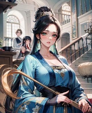 (NSFW),black hair,hand touching chest.cleavage squeeze.cleavage.wooden house interior.One of the three girls is wearing revealing clothing.side ponytail,large breasts,hanfu,chinese clothes,upper body drawing,looking at viewer, adorned in stunning ancient traditional Hanfu attire, with intricate patterns and ornate details. Their long hair flows like silk, with one sister sporting a mesmerizing multicolored hime cut. they have natural big breasts. Off the shoulders, low cut,showcasing lush skin. sweat glistening on their faces. shy,blush. A pearl necklace adorns their necks, drawing attention to their radiant green eyes. Masterpiece-quality 8K visuals capture every detail, including the soft pink hue of their cheeks and the luscious texture of their hair. Mesmerizing eyes convey mystery and seduction. Elegant and charming, with a slender figure and full of mystery. Among the three sisters, one looks more mature, sexy, and attractive, one looks younger, and the other looks sick.Among the three sisters, one is wearing red clothes, one is wearing white clothes, and the other is wearing black clothes.realhands,myhanfu,white hanfu,embroidered flower patterns,floral print,anime,girl,sexy,Aino_Minako, score_9_up,score_9,Anime