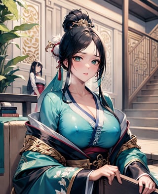 (low cut),(cleavage),(NSFW),black hair,hand touching chest.cleavage squeeze.cleavage.wooden house interior.One of the three girls is wearing revealing clothing.side ponytail,large breasts,hanfu,chinese clothes,upper body drawing,looking at viewer, adorned in stunning ancient traditional Hanfu attire, with intricate patterns and ornate details. Their long hair flows like silk, with one sister sporting a mesmerizing multicolored hime cut. they have natural big breasts. Off the shoulders, low cut,showcasing lush skin. sweat glistening on their faces. shy,blush. A pearl necklace adorns their necks, drawing attention to their radiant green eyes. Masterpiece-quality 8K visuals capture every detail, including the soft pink hue of their cheeks and the luscious texture of their hair. Mesmerizing eyes convey mystery and seduction. Elegant and charming, with a slender figure and full of mystery. Among the three sisters, one looks more mature, sexy, and attractive, one looks younger, and the other looks sick.Among the three sisters, one is wearing red clothes, one is wearing white clothes, and the other is wearing black clothes.realhands,myhanfu,white hanfu,embroidered flower patterns,floral print,anime,girl,sexy,Aino_Minako, score_9_up,score_9,Anime