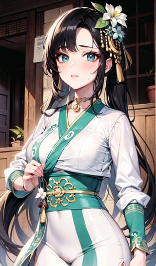 one girl,NSFW,black hair,hand touching chest.cleavage squeeze.cleavage.wooden house interior.One of the three girls is wearing revealing clothing.side ponytail,large breasts,hanfu,chinese clothes,upper body drawing,looking at viewer, adorned in stunning ancient traditional Hanfu attire, with intricate patterns and ornate details. Their long hair flows like silk, with one sister sporting a mesmerizing multicolored hime cut. they have natural big breasts. Off the shoulders, low cut,showcasing lush skin. sweat glistening on their faces. shy,blush. A pearl necklace adorns their necks, drawing attention to their radiant green eyes. Masterpiece-quality 8K visuals capture every detail, including the soft pink hue of their cheeks and the luscious texture of their hair. Mesmerizing eyes convey mystery and seduction. Elegant and charming, with a slender figure and full of mystery. Among the three sisters, one looks more mature, sexy, and attractive, one looks younger, and the other looks sick.Among the three sisters, one is wearing red clothes, one is wearing white clothes, and the other is wearing black clothes.realhands,myhanfu,white hanfu,embroidered flower patterns,floral print,anime,girl,sexy,Aino_Minako, score_9_up,score_9,Anime