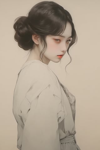 (Best quality, High quality, masterpiece, Artistic, Artistic painting, Painting Naturally, Modernism art, Watercolor, watercolor pencil painting, ligne_claire, Illustration), bare shoulder, 1 girl, deep v neck dress, (Painted by 3 person that is Egon Schiele and Pablo Picasso and John Barkey), stylized art,Asian Girl,Model