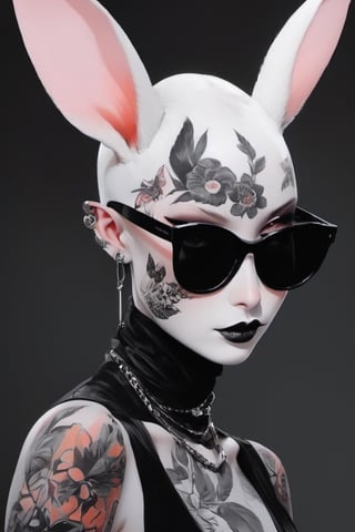 a monochrome high art print, vogue easter white and black kiss make up bunny portrait, Horror Comics style, art by brom, smiling, john lennon sunglasses, rabbit ears, rabbit nose, ginger rabbit fur, punk hairdo, tattoo by ed hardy, shaved hair, playboy bunny outfit, bunny tail, neck tattoos by andy warhol, heavily muscled, biceps, glam gore, horror, poster style, flower garden, Easter eggs, oversized monarch butterflies, tropical fish, flower garden, 