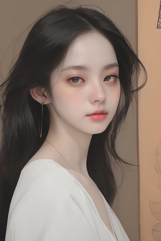 (Best quality, High quality, masterpiece, Artistic, Artistic painting, Painting Naturally, Modernism art, Watercolor, watercolor pencil painting, ligne_claire, Illustration), bare shoulder, 1 girl, deep v neck dress, (Painted by 3 person that is Egon Schiele and Pablo Picasso and John Barkey), stylized art,Asian Girl,Model