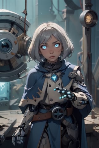 female, gnome, android, clockwork, rouge,fantasy, robot_girl, grey hair, blue eyes , cloak, darker skin, glowing eyes , gears , assassin, thief, autognome,mechagnome, robot,fembot,QRobot, no skin to see, dungeons_&_dragons, dark fantasy, old style, clock , gear