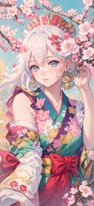 The highest image quality, excellent detail, ultra-high resolution, best illustration, attention to detail, 1girll, exquisite beautiful face, transparent light blue eyes, white hair, kimono, exposed shoulders, accessories, background cherry blossoms falling.