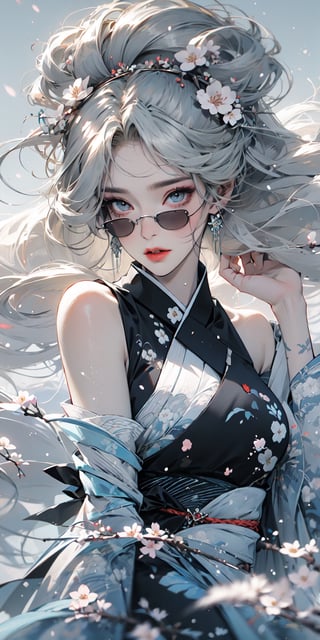 The highest image quality, excellent detail, ultra-high resolution, best illustrations, attention to detail, 1girll, exquisite beautiful face, transparent light blue glasses, white hair, kimono, accessories, background cherry blossoms scattered.