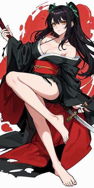 Portrait of a whole body. A black-haired lady wearing a white off-shoulder kimono, the attire is torn and tattered, with dark green silk threads, leg rings, barefoot, stained with red oil, strong wind blowing. She tilts her head, showing a murderous look, wielding a Japanese sword, eyes full of disdain, face full of hatred, pupils splattered with red ink. Transparent watercolor, alcohol coloring, chaotic rendering, wasteland style, surreal engine.