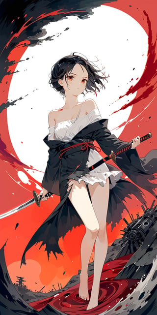 Portrait of a whole body. A black-haired lady wearing a white off-shoulder kimono, the attire is torn and tattered, with dark green silk threads, leg rings, barefoot, stained with red oil, strong wind blowing. She tilts her head, showing a murderous look, wielding a Japanese sword, eyes full of disdain, face full of hatred, pupils splattered with red ink. Transparent watercolor, alcohol coloring, chaotic rendering, wasteland style, surreal engine.