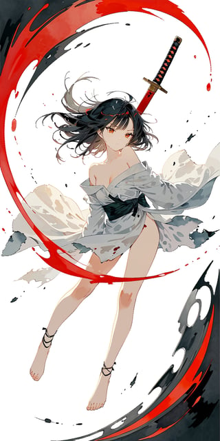 Portrait of a whole body. A black-haired lady wearing a white off-shoulder kimono, the attire is torn and tattered, with dark green silk threads, leg rings, barefoot, stained with red oil, strong wind blowing. She tilts her head, showing a murderous look, wielding a Japanese sword, eyes full of disdain, face full of hatred, pupils splattered with red ink. Transparent watercolor, alcohol coloring, chaotic rendering, wasteland style, surreal engine.