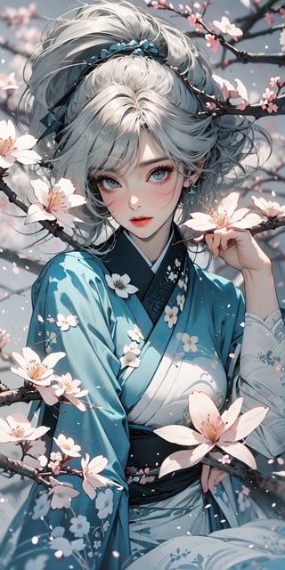 The highest image quality, excellent detail, ultra-high resolution, best illustrations, attention to detail, 1girll, exquisite beautiful face, transparent light blue glasses, white hair, kimono, accessories, background cherry blossoms scattered.