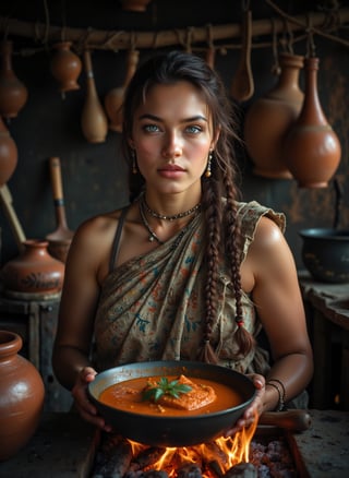 "A stunning Philippines-British mixed-race woman with long braids stands confidently in an old Sri Lankan village kitchen. She has a pale white complexion, and her bright blue eyes are locked onto the viewer's gaze. Her athletic build, thick, and curvy body shape resemble that of a traditional Indian village woman. She is cooking fish curry in the rustic kitchen, surrounded by clay pots, wooden utensils, and an open fire, evoking the authenticity of a Sri Lankan village. The warm, earthy tones of the kitchen highlight her strong presence, while the intricate details of the setting and the soft, natural lighting create a serene yet powerful atmosphere."