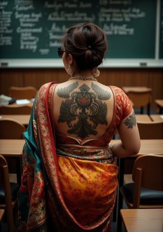  "A captivating photo from the back of a plus-size, curvy, thick British bodybuilder woman in a lecture hall. She is dressed in a vibrant traditional Tamil saree, with a fully open back blouse that reveals intricate tattoos covering her entire back. Her stylish sunglasses and impeccably styled short brown hair add to her striking look. The saree drapes beautifully over her strong, muscular figure, blending traditional elegance with modern strength. The lecture hall is filled with subtle academic elements, like desks and chalkboards, complementing her confident and commanding presence