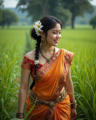 A beautiful Philippines woman with striking features is elegantly dressed as a traditional Tamil Indian woman. She wears a vibrant petticoat only, complemented by jasmine flowers in her braided hair. With an angelic face and a warm smile, she walks gracefully through lush, green paddy fields. Her athletic build and curvy, plus-size body shape highlight her strength and grace, blending traditional elegance with a confident presence.