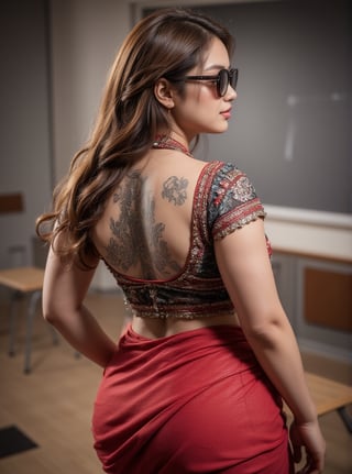  "A captivating photo from the back of a plus-size, curvy, thick British bodybuilder woman in a lecture hall. She is dressed in a vibrant traditional Tamil saree, with a fully open back blouse that reveals intricate tattoos covering her entire back. Her stylish sunglasses and impeccably styled long braided golden hair add to her striking look. The saree drapes beautifully over her strong, muscular figure, blending traditional elegance with modern strength. The lecture hall is filled with subtle academic elements, like desks and chalkboards, complementing her confident and commanding presence