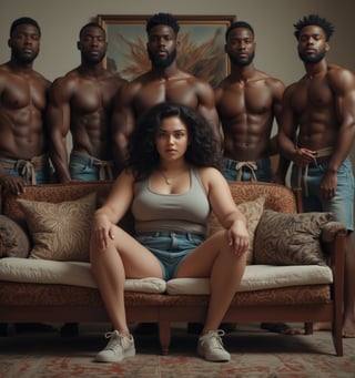 "Create an image of Draupadi, the wife of the five Pandavas, depicted as a modern  day white American middle-aged curvy, athletic build, plus size , muscular, angel face woman. She is wearing a tank top and denim shorts and sneakers , styled in a way that reflects her regal and dignified nature. Draupadi is seated on a sofa with an air of composure and grace. Surrounding her are her five husbands as Afro black muscular men, who are depicted with beefy, muscular body shapes, standing beside her, wore denim half pants only ,. The scene conveys a sense of unity and strength among them. The background should be simple yet elegant and modern American design house ."