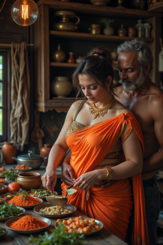 "In a charming, traditional Kerala kitchen, a beautiful, middle-aged American white woman with a curvy, large-toned muscular build is gracefully preparing vegetables. She is dressed in an elegant orange saree that drapes beautifully over her figure, and her hair is styled in a short, messy bun. An older, muscular Indian man, with a rugged appearance that suggests a life of hard work, gently hugs her from behind, showing a tender and protective affection. The woman wears a golden necklace that catches the warm, ambient light of the rustic kitchen, adding a touch of elegance to the scene. The kitchen itself features wooden cabinets, brass utensils, and clay pots, with vibrant spices and fresh vegetables adding color to the atmosphere. The couple’s connection is palpable, contrasting beautifully with the earthy, traditional surroundings, creating a warm and intimate moment."