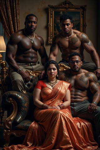 A beautiful, white mixed-race Indian plus-size woman sits on a luxurious, old-fashioned sofa, her wedding saree draped elegantly around her. Her sad expression contrasts sharply with the ragged, menacing appearance of the large African gangsters seated beside her. The opulent setting of the room, with its rich fabrics and vintage decor, adds a stark contrast to the grim atmosphere created by the gangsters. The scene captures a poignant moment of vulnerability and tension.