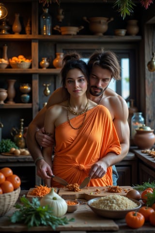 "In a charming, traditional Kerala kitchen, a beautiful, middle-aged American white woman with a curvy, large-toned muscular build is gracefully preparing vegetables. She is dressed in an elegant orange saree that drapes beautifully over her figure, and her hair is styled in a short, messy bun. An older, muscular british teenage boy , with a rugged appearance that suggests a life of hard work, gently hugs her from behind, showing a tender and protective affection. The woman wears a golden necklace that catches the warm, ambient light of the rustic kitchen, adding a touch of elegance to the scene. The kitchen itself features wooden cabinets, brass utensils, and clay pots, with vibrant spices and fresh vegetables adding color to the atmosphere. The couple’s connection is palpable, contrasting beautifully with the earthy, traditional surroundings, creating a warm and intimate moment."