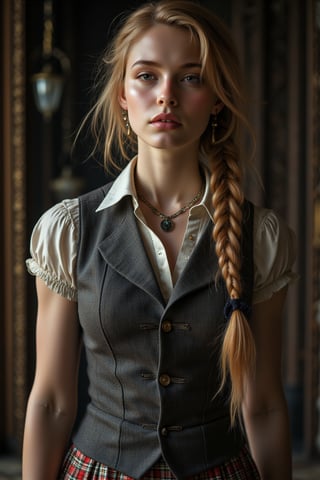 Cinematic movie still, Full Body Portrait, a beautiful Caucasian female, very thick muscular, ripped muscles, jacked, Victorian style Waistcoat, Shirt , plaid skirt, long  golden braided hairstyles , Steampunk, ultra realistic, intricate details, intrinsic details, perfect face, perfect eyes, perfect composition, ultra high quality, 16k resolution, Epicrealism