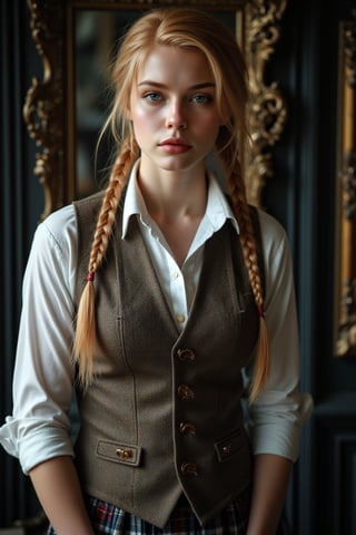 Cinematic movie still, Full Body Portrait, a beautiful Caucasian female, very thick muscular, ripped muscles, jacked, Victorian style Waistcoat, Shirt , plaid skirt, long  golden braided hairstyles , Steampunk, ultra realistic, intricate details, intrinsic details, perfect face, perfect eyes, perfect composition, ultra high quality, 16k resolution, Epicrealism