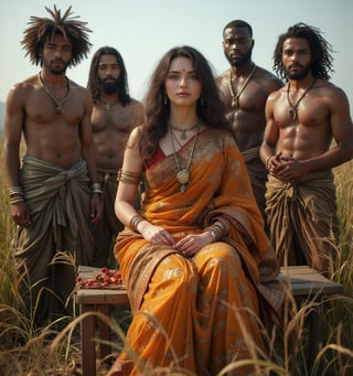 "Create an image of Draupadi, the wife of the five Pandavas, depicted as a modern  day white American middle-aged curvy angel face woman. She is wearing a traditional saree, styled in a way that reflects her regal and dignified nature. Draupadi is seated on a bench at middle of a paddy field farm. Surrounding her are her five husbands as Afro black muscular men, who are depicted with beefy, muscular body shapes, standing beside her, wore indian lungi only ,. The scene conveys a sense of unity and strength among them. The background should be simple yet elegant and beautiful  nature of paddy fields ."