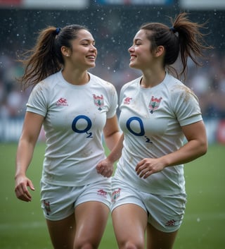 Two white women, a 35-year-old and an 30-year-old of mixed American and Korean heritage, are wearing modern white rugby gear, playing on a rain-soaked field. They both have a curvy and bulky muscular build, showcasing their athletic prowess. Their hair is short and ponytail , and their confident expressions highlight their unity and strength amidst the challenging conditions.