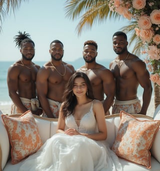 "Create an image of a wedding ceremony set on a sunny beach. The central figure is a beautiful Pakistani woman with an angelic face and a curvy, muscular body. She is elegantly dressed, sitting gracefully on a sofa. Surrounding her are her four African husbands, all muscular and large, standing beside her. The scene conveys a sense of unity and celebration, with the bright beach background enhancing the festive atmosphere."