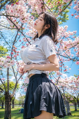 masterpiece,  highest quality,  8K,  RAW photo,
BREAK
1 japanese girl, high school student, school uniform, big breast, (haircut of uniform length), (one length), Beautiful shiny black hair, straight hair, messy hair, pale white skin, white skin, full body to the toes,  beautiful thighs, (navy blue pleated skirt), 
BREAK
profile, looking up, close eyes, standing under the cherry trees, ((Cherry blossom storm)), cherry blossom petals are falling, reach out a hand, ((angle from below)), dimly light,  at night, high_school_girl, best quality,CherryBlossom_background,round ass