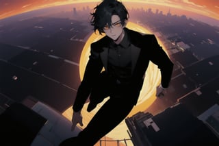 Masterpiece, Highly detailed, high quality, Incredibly detailed, beautiful, nijistyle, 1guy, perfect hands, perfect fingers, detailed Eyes, anime Eyes, (A handsome young man with short black hair, orange eyes, wearing a casual black suit, flying over a city at sunset), Highly detailed background, Full Hd, 4K