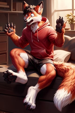 looking shocked, anthro, fox, transformation,showing his feet, wearing shorts, red hoodie,whole body covered in bright red fur, white soles, dark black paw pads, animal feet, claws, Furry_feet