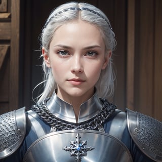 ((masterpiece)), ((best quality)), 8k, high detailed, ultra-detailed,
The 20-year-old female with fair skin, silver hair, smooth straight hair that reaches the chin, beautiful goose-egg face, thin eyebrows, and black eyes,
Wearing a full set of plate armor, the main body is silver, with chainmail and deep blue cotton inside, and a metal pleated skirt,
Metal shoulder armor, metal bracers, metal gauntlets, metal skirt armor, metal leg armor, metal boots,
Expressionless face, with a cold and indifferent demeanor,portrait