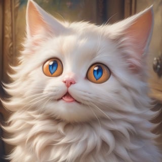 an oil painting of a very cute cat, realistic textures, vibrant colors, big eyes, soft fur, playful expression, detailed background