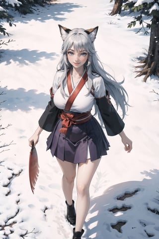 Beautifull girl, solo, big breasts, narrow waist, pale skin, silver long hair, masterpiece, detailed face, detailed eyes, blush, fearless smile, wild smile, fox ears, wearing Purple skirt, wearing short Miko, sexy:1.5, dynamic position, walking, thights, outdoors, midnight, dark woods, , night, snow, montains, full body, perfect, from above