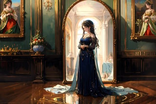 A sorrowful classical beauty standing in front of a mirror in a room, wearing exquisite headdress and necklace, dressed in a gorgeous gown, with a solemn expression, intricate details, high quality, high resolution, exquisite, renaissance art style, classical beauty, oil painting by famous artist, focusing on the reflection, luxurious, detailed brushstrokes, delicate features, sorrowful expression, elegant setting；