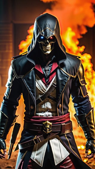 Masterpiece, best quality, ultra-detailed, best shadow), (detailed background), (beautiful detailed face, beautiful detailed eyes),1man, evil skull head with sharp teeth, black polo with three buttons and torn details, fist clenched, black-colored apparel, often in the form of long, two-tailed coats, black fingerless gloves, black military-style boots, fire-around, rocks, ruins, red-eyes, fire coming out of the eyes, eyes-glowing, ((assassins creed)), (full body), walking through the fire, fire around him,SAM YANG,3DMM