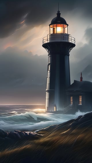 lighthouse, dark light, sharp contours, clean lines, stormy illustrations, vibrant, detailed and dreamy atmospheric portraits, surreal atmosphere, dreamlike scenes, ethereal atmosphere, ultra realistic, interactive, highly detailed image, oniric, clear view.