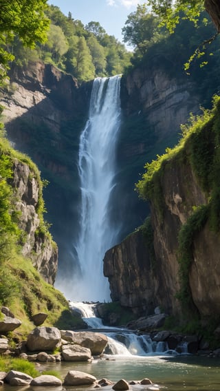 realistic, high resolution scene,  
Hyperdetailed natural light, water running from waterfall to river, nature forest background,