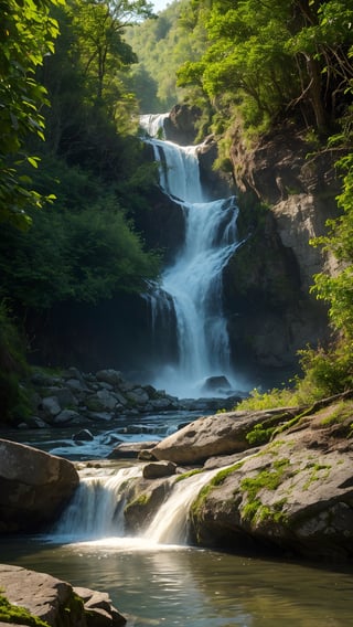 realistic, high resolution scene,  
Hyperdetailed natural light, water running from waterfall to river, nature forest background,