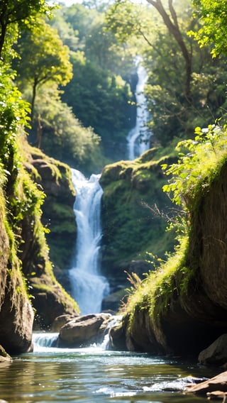 realistic, high resolution scene,  
Hyperdetailed natural light, water running from waterfall to river, nature forest background,