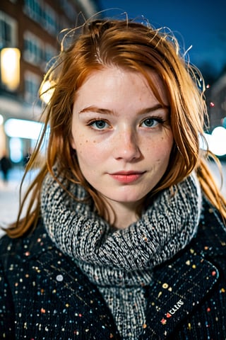 closed lips, cute smile, cinematic photo (art by Mathias Goeritz:0.9) , photograph, Lush Girlfriend, Tax collector, Rich ginger hair, Winter, tilt shift, Horror, specular lighting, film grain, Samsung Galaxy, F/5, (cinematic still:1.2), freckles . 35mm photograph, film, bokeh, professional, 4k, highly detailed ,1 girl,midjourney,yuzu, perfect, fingers,

,Extremely Realistic