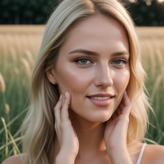 a woman is sitting in a field of tall grass smiling for the camera with her hands on her face,realistic skin details,realistic light blond hair details,eyeliner,(red lips:0.9),(eyeliner:0.8),Raw photo,8k,realistic skin details,realistic hair details,8k uhd,dslr,high quality,film grain,fujifilm xt3,16k uhd,dslr,best quality,decent Wrinkles,Fine Lines,Hyperpigmentation,Dark Spots,Pores,Dry Skin,Uneven Skin Tone,Blackheads,professional photography,cinema,ultra realistic,outdoor,film camera,dslr,lens flare,super-resolution,(16k),uhd,realistic,ultra realistic,ultra quality,film look, no freckles