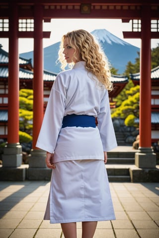 Back view of a very beautiful girl with long blonde curly hair and blue eyes, in an japanese Temple. (((her full body is visible))). She turns her face towards the viewer. Making eye contact. Her long hair is  partially covering her body. She is wearing torn white judo uniform. The background is a japanese temple in front of fuji mountain (japan), sultry perfect body, big cleavage,
,photorealistic:1.3, best quality, masterpiece,MikieHara,soakingwetclothes,aw0k euphoric style,A girl dancing 